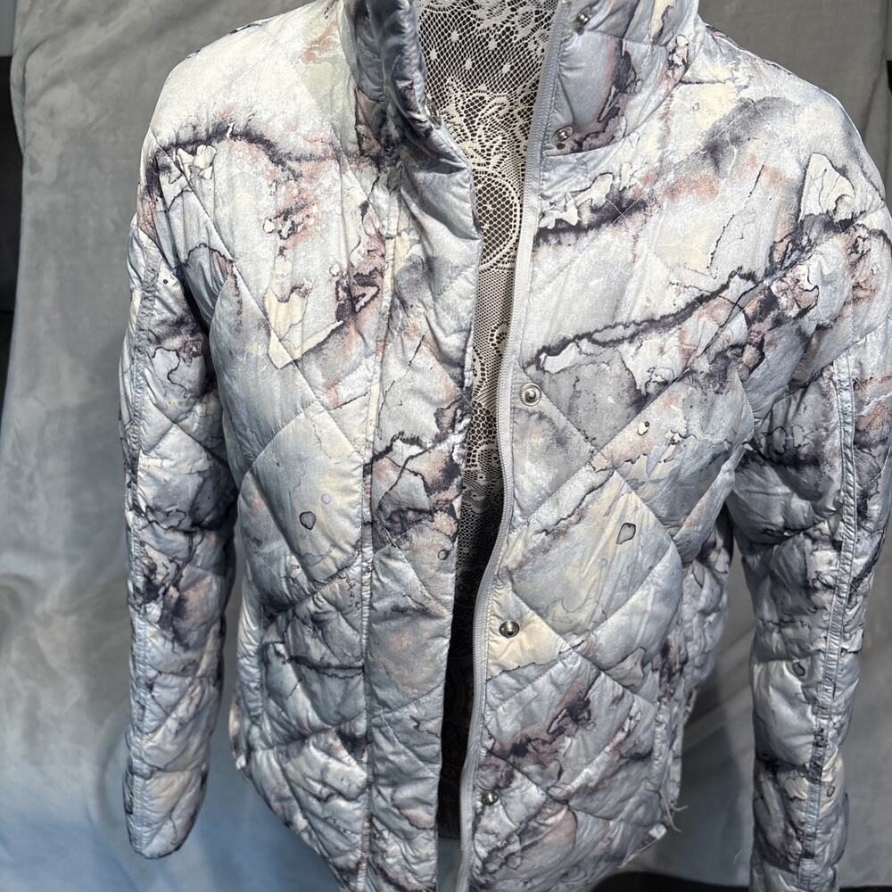 FLX Quilted Packable Puff Jacket Blue Gray Marble Pockets Snap Zip Close XS